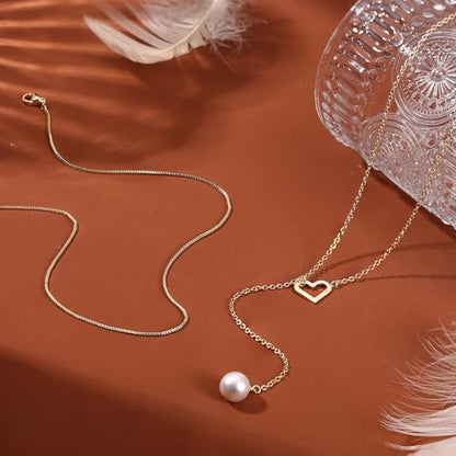 Dochais Dainty Gold Layered Necklace for Women, 14K Gold Plated Y Necklace & Chain, Dainty Lariat Long Necklaces, Trendy Cubic Zirconia Choker, Sun, Heart, Pearl & Cross Pendant Necklace, Jewelry Gift - color: Y Layered Pearl with Heart Lariat-GD