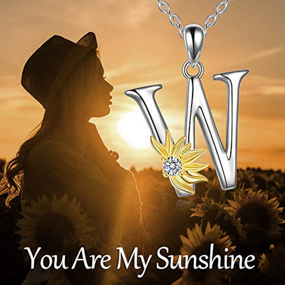 POPLYKE Initial Sunflower Necklace for Women 925 Sterling Sliver Sunflower Pendant Necklace Letter Initial Pendant Chain - style: Sunflower W