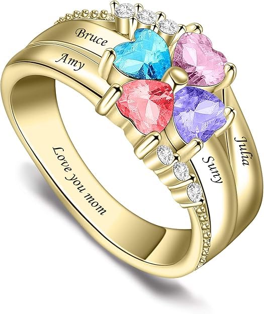 Custom Multi-Stone Family Ring 925 Sterling Silver/10K/14K/18K Gold Colored Personalized (2-8 stones) Birthstone Engraved Ring for Women Mom Wife Jewelry Gifts - style: Four Stone