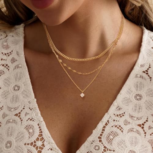 Layered Necklaces for Women, Simple Gold Necklace Stack Dainty 14K Gold Plated CZ Disc Pendant Necklace Set Non Tarnish Gold Jewelry Gifts - color: Gold-Cuban+Lip+CZ