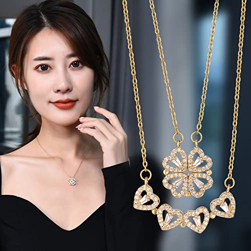 Four Leaf Clover Necklace Foldable for Women,925 Sterling SIlver Bling zircon stone Four Heart Grass Women's Necklaces Crocker ,Retro Magnetic Folding Love Heart Pendant One Style,Two Wearing Methods - color: Gold