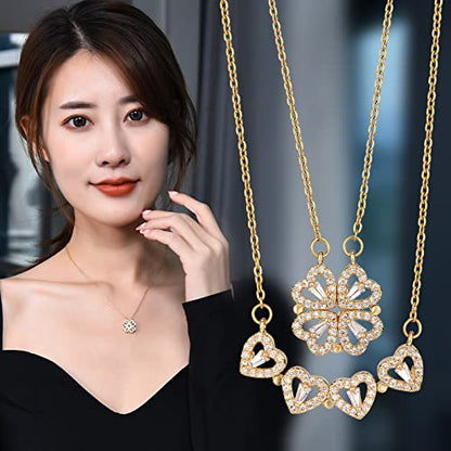 Four Leaf Clover Necklace Foldable for Women,925 Sterling SIlver Bling zircon stone Four Heart Grass Women's Necklaces Crocker ,Retro Magnetic Folding Love Heart Pendant One Style,Two Wearing Methods - color: Gold