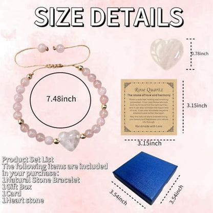 Heart Crystal Bracelet,Natural Gemstone Healing Bead Bracelet | Handmade Jewelry Gifts for Women Men,Graduation Gift for Her - color: Pink Quartz Bracelet