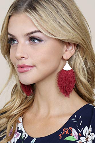 Bohemian Silky Thread Fan Fringe Tassel Statement Earrings - Lightweight Strand Feather Shape Dangles - color: Feather Fringe - Burgundy