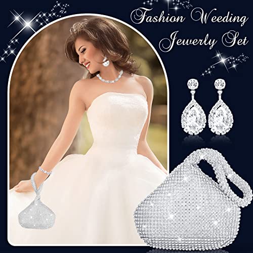 4 Pcs Silver Clutch Purse Jewelry Set for Women Rave Accessories Evening Rhinestone Purse Silver for Bride Wedding - style: Fresh Style