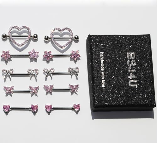 BSJ4U Nipple Piercing Jewelry 14G Stainless Steel Nipple Rings for Women Heart Butterfly Flower Bow Nipple Barbells - color: Pink CZ Nipple Piercing Jewelry