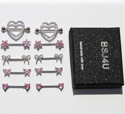 BSJ4U Nipple Piercing Jewelry 14G Stainless Steel Nipple Rings for Women Heart Butterfly Flower Bow Nipple Barbells - color: Pink CZ Nipple Piercing Jewelry