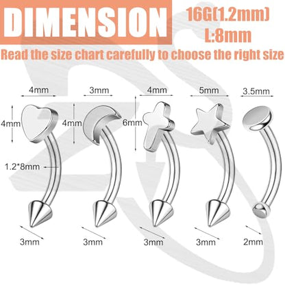 ZS 5Pcs Stainless Steel Eyebrow Rings, 16G Curved Belly Rings Navel Barbell Helix Daith Tragus Earrings Spike Vertical Labret Lip Piercing Jewelry - color: Sliver,L:8mm