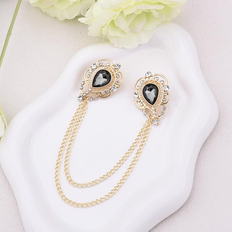 Teardrop Rhinestone Brooch Mens Lapel Pins for Shirt Collar Hanging Chain Brooch Suit Pin Crystal Rhinestone Lapel Pins for Men - color: Grey