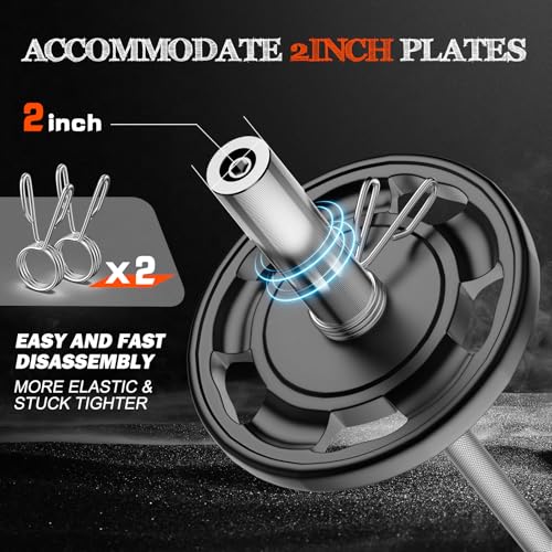 57"Olympic Barbell Bar, 2" Standard Straight Bars for Weight Lifting | Barbells Bar for Bench Press/Squats/Hip Thrusts/Lunges/Biceps- Home Gym Weight Bar- 2 Spring Collars(500lb Weight Capacity) - color: Silver