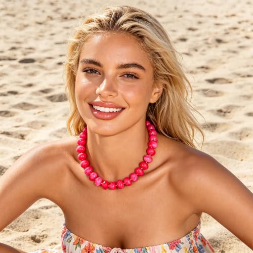Colorful Chunky Beaded Necklaces for Women Multicolor Large Round Resin Beads Collar Necklace Boho Trendy Statement Chokers Y2K Summer Beach Jewelry - color: Hot Pink-Oval