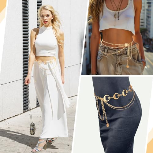 3Pcs Layered Waist Chains for Women Boho Festival Costume | Sunflower Butterfly Belts, Adjustable Fashion Accessories, Western Style, Party Hip Chain Belt - style: Boho Gold Sunflower