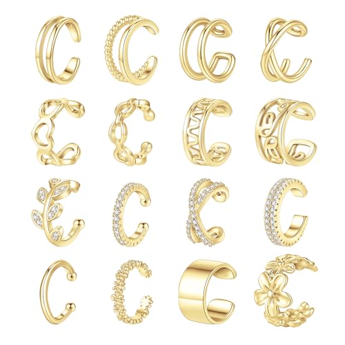 Jewdreamer 16Pcs Ear Cuffs for Women Non Piercing | 14K Golded Silver Ear Cuffs Earrings Non Pierced Clips On Cartilage Earring Fake Earrings Lightweight - style: 16PCS GOLDED