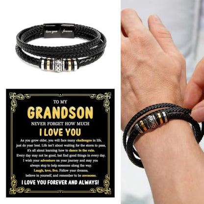 To My GrandSon Bracelet – Love You Forever Braided Leather Bracelet, Meaningful GrandSon Gift from Grandpa & Grandma with Heartfelt Message Card & Elegant Gift Box for Birthday, Christmas - color: Version#3