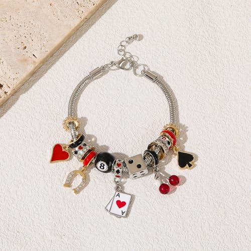 Madison Tyler Gold Plated Bracelet for Women | Celestial Rectangular Plaque Evil Eye Ace of Hearts Playing Card Beaded Charm Bracelet | Cute Adjustable Snake Chain Bracelet - style: Ace of Hearts Playing Card