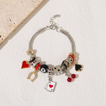 Madison Tyler Gold Plated Bracelet for Women | Celestial Rectangular Plaque Evil Eye Ace of Hearts Playing Card Beaded Charm Bracelet | Cute Adjustable Snake Chain Bracelet - style: Ace of Hearts Playing Card