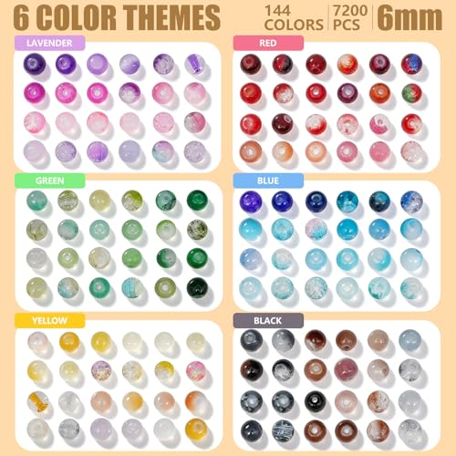 Gaspletu 7200PCS 6mm Glass Beads Bracelet Making Kit, 144 Colors Crystal Beads for Jewelry Making, 6 Box Round Beads Suitable for Beginners - color: 6 Box 6mm
