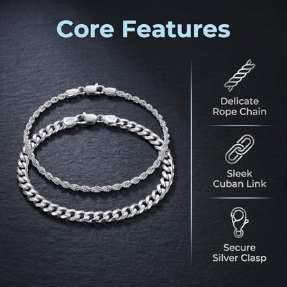 S925 Sterling Silver 6mm Cuban Link Chain Bracelets for Men,2.5mm Rope Chain Mens Bracelet Set for Men's&woman,Trendy hip-hop stacking Chain Gift Boyfriend/Girlfriend,Non Tarnish Hypoallergenic - style: Silver Rope chain + Cuban link