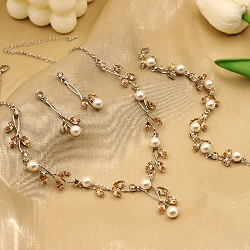 Luxury Cubic Zirconia Aurtrian Crystal Pearl Floral Necklace Dangle Earrings Wedding Bridal Jewelry Set Birthday Gifts for Her - color: Style02-Brown-Silver Plated