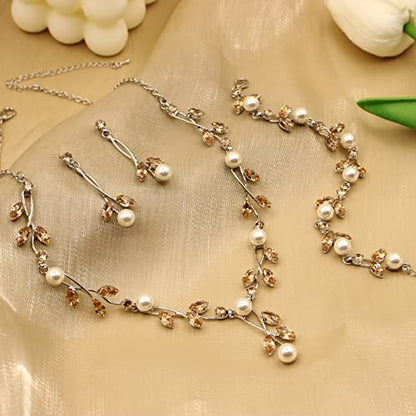 Luxury Cubic Zirconia Aurtrian Crystal Pearl Floral Necklace Dangle Earrings Wedding Bridal Jewelry Set Birthday Gifts for Her - color: Style02-Brown-Silver Plated
