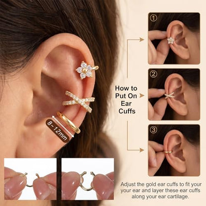 Ear Cuffs for Women Non Piercing - 3PCS Gold Clip On Earrings, 14K Gold Plated Adjustable Cuff Earrings for Women, Dainty Flower Design