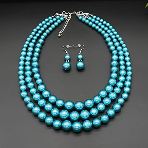 Chunky Layered Imitation Pearl Necklace for Women 3 strand Pearl Necklaces Faux Pearl Necklace Earrings Set 1920s Flapper Gatsby Costume Accessories - color: 3 strand pearl necklace dark blue