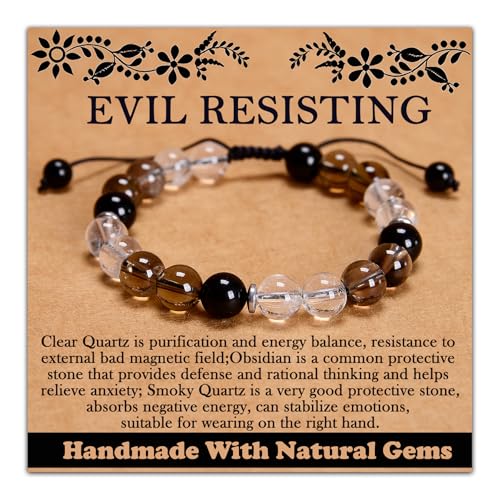 468Handmade Adjustable Natural Gemstone Crystal Bracelet Healing Power Energy Inspirational Gifts with Card for Unisex - color: 19-EVIL RESISTING(Clear Quartz&Smoky Quartz&Obsidian), size: 8mm