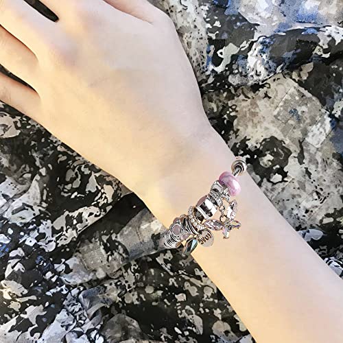 DS Charm Bracelets for girls,exquisite cute cartoon friendship bracelets Silver Stainless Steel Bangle with birthday Gift box, Adjustable girls jewelry Suitable for holiday gifts - style: Silver-pink butterfly