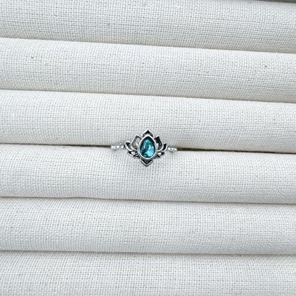 Lotus Ring for Women - Zircon Inlaid Flower Promise Ring - My Trauma Inspirational Statement Floral Jewelry Gift - color: blue