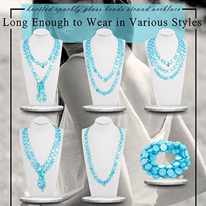 Firstmeet Flat Round Coin Shell Beads Long Knotted Necklace Natural Mother of Pearl Handmade Jewelry For Women - color: Blue