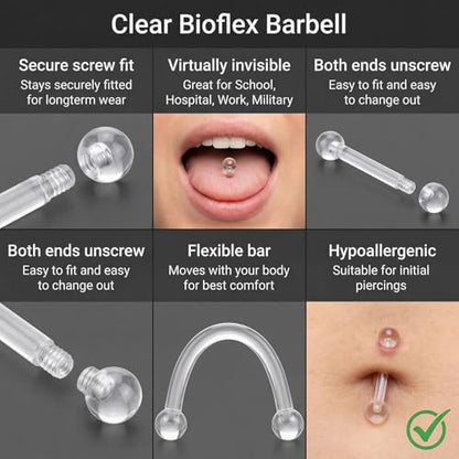 Happyupcity 20Pcs 14G Transparent Acrylic Barbell Tongue Nipple Rings Flexible Straight Bar Body Piercing Jewelry Retainers for Women Men Work Sports