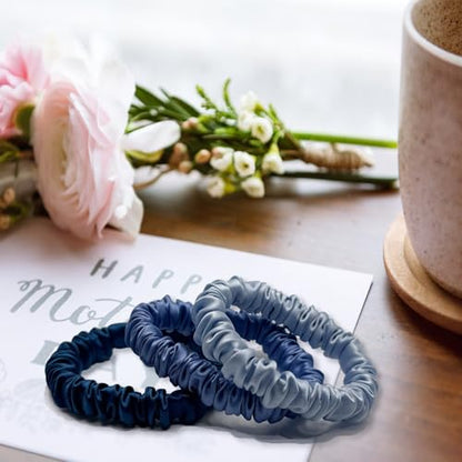 VLOMOT 3 Pcs Set 100% Pure Mulberry Silk Hair Scrunchies (Blue) | Silk Hair Ties for Thin Hair with 3 Chic Colors Everyday Skinny Scrunchies Silk Ponytail Holders Hair Care No Damage - color: Blue