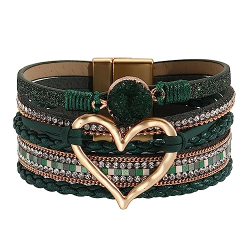 Womens Love Heart Leather Wrap Bracelet Multi-layer Stacked Bangle | Magnetic Clasp Soft PU Leather Resin Stone Rhinestone Boho Style Birthday Valentine Christmas Bohemian Jewelry Gift - color: Blackish Green