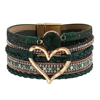 Womens Love Heart Leather Wrap Bracelet Multi-layer Stacked Bangle | Magnetic Clasp Soft PU Leather Resin Stone Rhinestone Boho Style Birthday Valentine Christmas Bohemian Jewelry Gift - color: Blackish Green