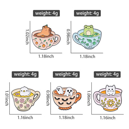 Cartoon Animal Enamel Brooch Set Cute Butterfly Duck Cat Lapel Pins for Backpacks Jacket Decoration Gifts for Friends - style: Animal Cup