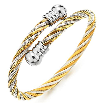 COOLSTEELANDBEYOND Elastic Adjustable Steel Twisted Cable Cuff Bangle Bracelet for Mens for Women - color: J-Metal Color: Silver & Gold