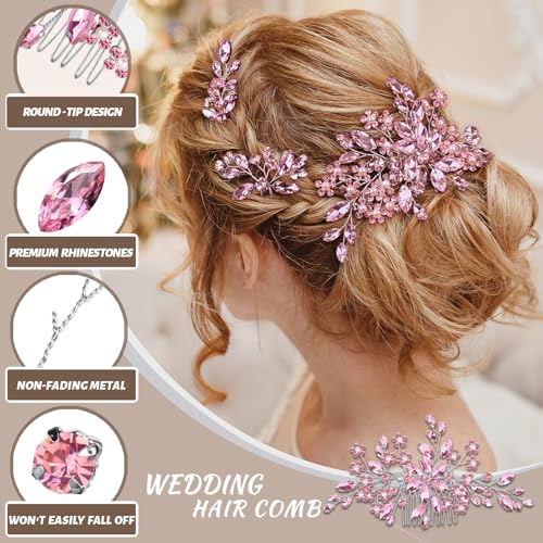 Wedding hair accessories, Bridal for piece, brides headpiece comb（Pink） - color: Pink