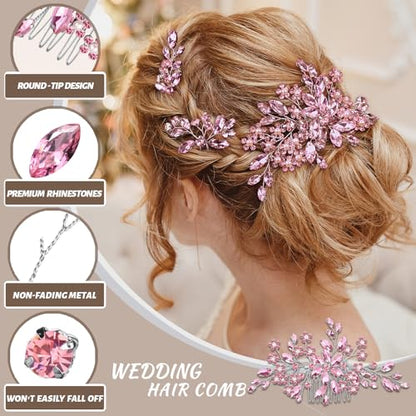Wedding hair accessories, Bridal for piece, brides headpiece comb（Pink） - color: Pink