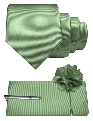 JEMYGINS Formal Necktie Solid Color Tie and Pocket Square with Tie Clip Lapel Pin Sets for Men 4PCS - color: Sage Green
