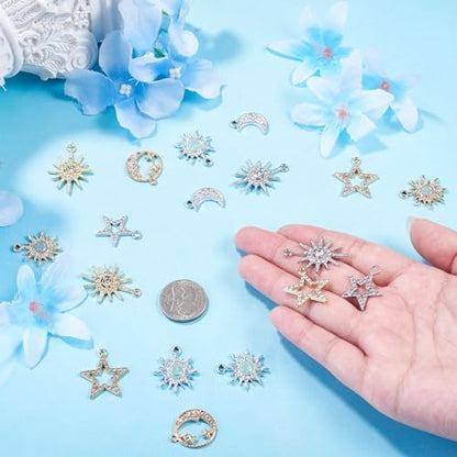 40Pcs Alloy Rhinestone Charms for Jewelry Making, Cute Moon Star Alloy Charm Metal Celestial Rhinestone Dangle Pendants for DIY Necklace Bracelet Earring Jewelry Making Crafts - color: Mixed Colors