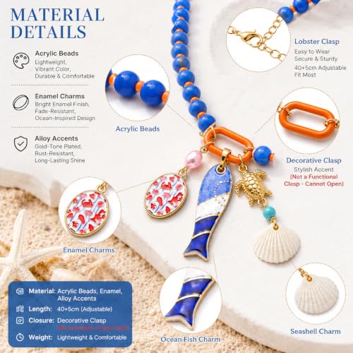 LIU JUN Colorful Beaded Necklace for Women, Chunky Boho Fish Starfish Conch Pendant Acrylic Bead Necklaces Cute Y2K Summer Beach Jewelry Gifts - color: Sea Turtle