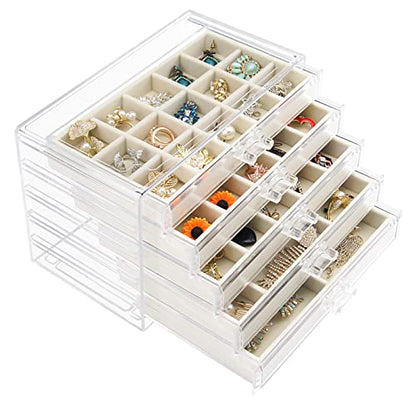 Acrylic Jewelry Box 5 Drawers Clear Earring Storage Organizer Display Case - color: Beige 5 Layers
