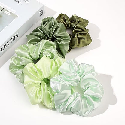 Ivyu Scrunchies for Women's Thick Curly Hair, Satin Hair Scrunchies for Girls, Big Cute Ponytail Holders, No Crease No Damage, 4 Pieces, Green - color: Green