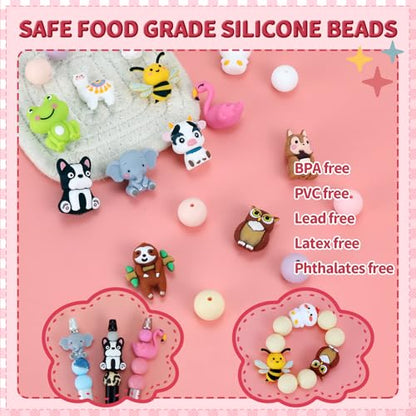 12pcs 3D Animals Silicone Focal Beads for Pens | Focal Beads for Keychain Making,Pens,Bracelet,Necklace Crafts,Bulk Silicone Beads for DIY（3D animals） - color: 3D animals