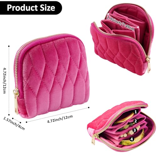 KALUYA shunmei Small Jewelry Travel Case, Diamond Quilted Velvet, Hot Pink | 4.72"x4.72" bag with zipper, 5-layer velvet organizer pouch, for bangle, bracelet, earring, necklace, ring, for women girls - color: Hot Pink