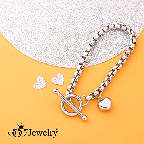 555Jewelry Stainless Steel Toggle Box Link Chain Heart Charm Bracelet for Women & Girls - color: Silver