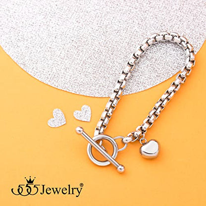 555Jewelry Stainless Steel Toggle Box Link Chain Heart Charm Bracelet for Women & Girls - color: Silver