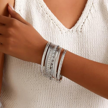 Gold Bangles for Women, 12 Pcs Boho Stackable Bracelets Multi Layer Textured Chunky Bracelets Jewelry Set for Women - color: Style D- 10 pcs silver