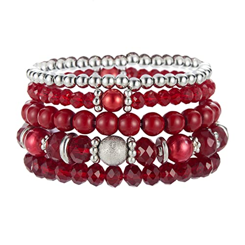 Noessla Beaded Pearl Stretch Bracelet Silver Stackable Crystal Beads Bracelets Trendy Costume Jewelry Mothers Day Gifts for Women - color: Red