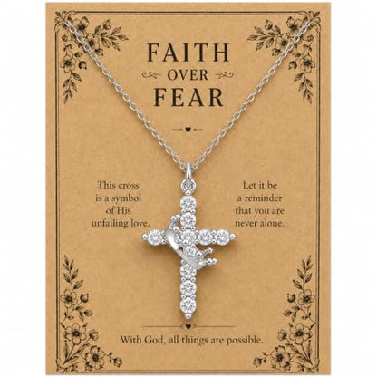 Cross Necklace for Women, Gold Plated Round Pendant with Cubic Zirconia - color: White Gold